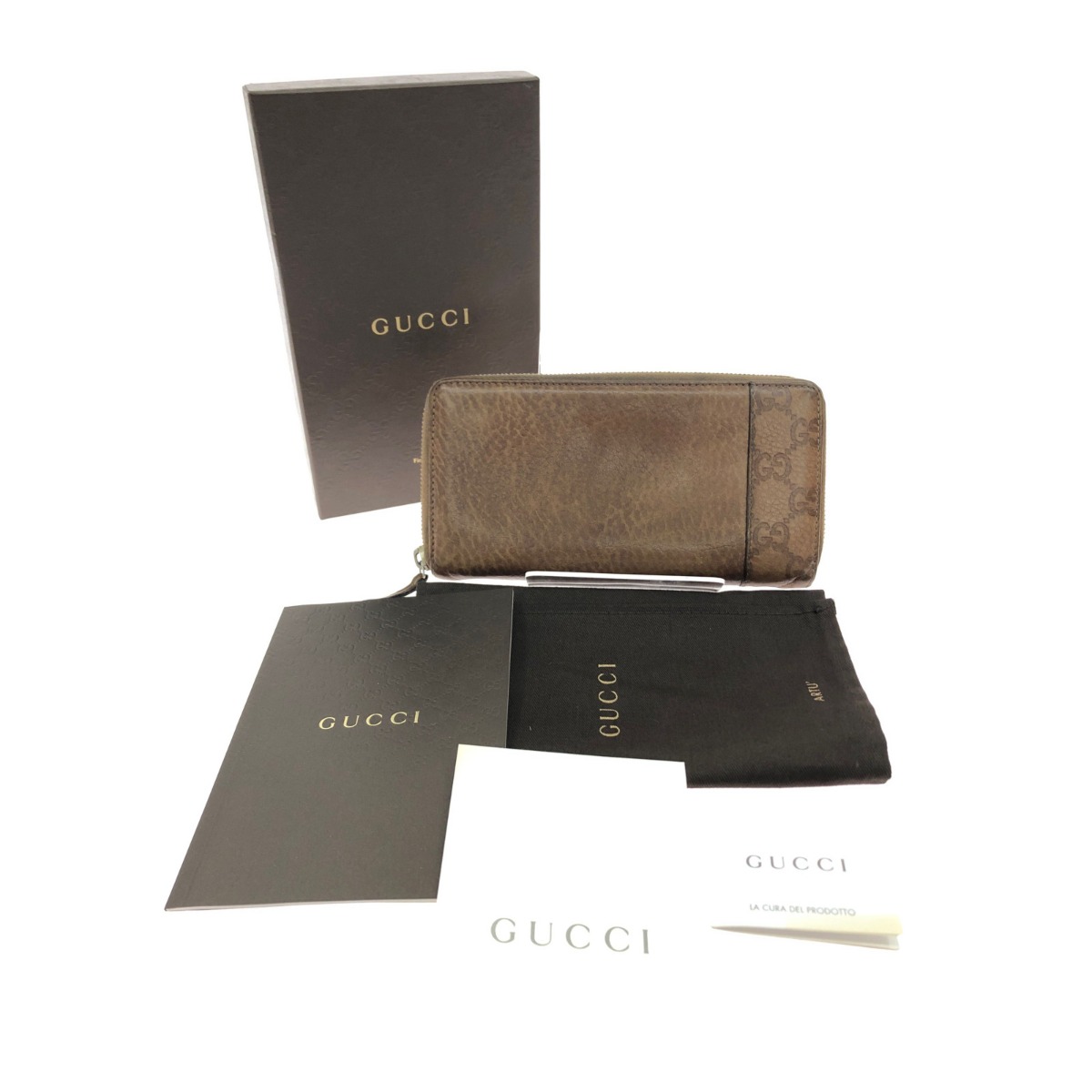▼▼【中古】GUCCI グッチ ラウンドファスナー 長財布 GG シマレザー 箱付 256439・496334 ブラウン Bランク