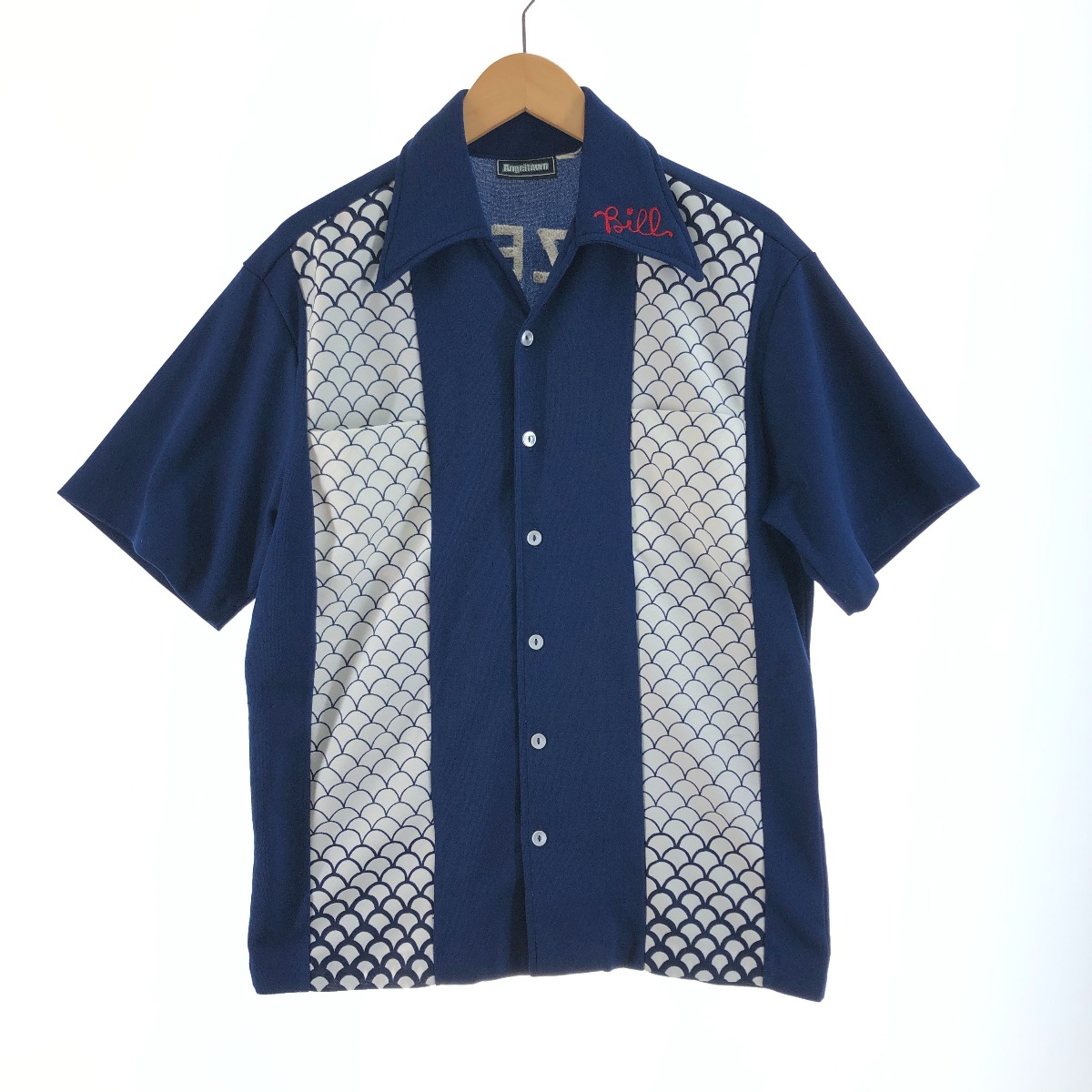 〇〇【中古】Angel Town メンズ ボーリングシャツ サイズM ネイビー×ホワイト Bランク