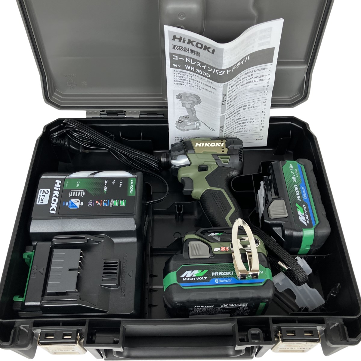 【エントリーポイント10倍｜7/19 20:00-7/26 1:59】【送料無料】【中古】HiKOKI ハイコーキ 36V 充電式インパクトドライバ 充電器 バッテリー&times;2 ケース付 WH36DD フォレストグリーン Sランク｜リサイクルビッグバン店