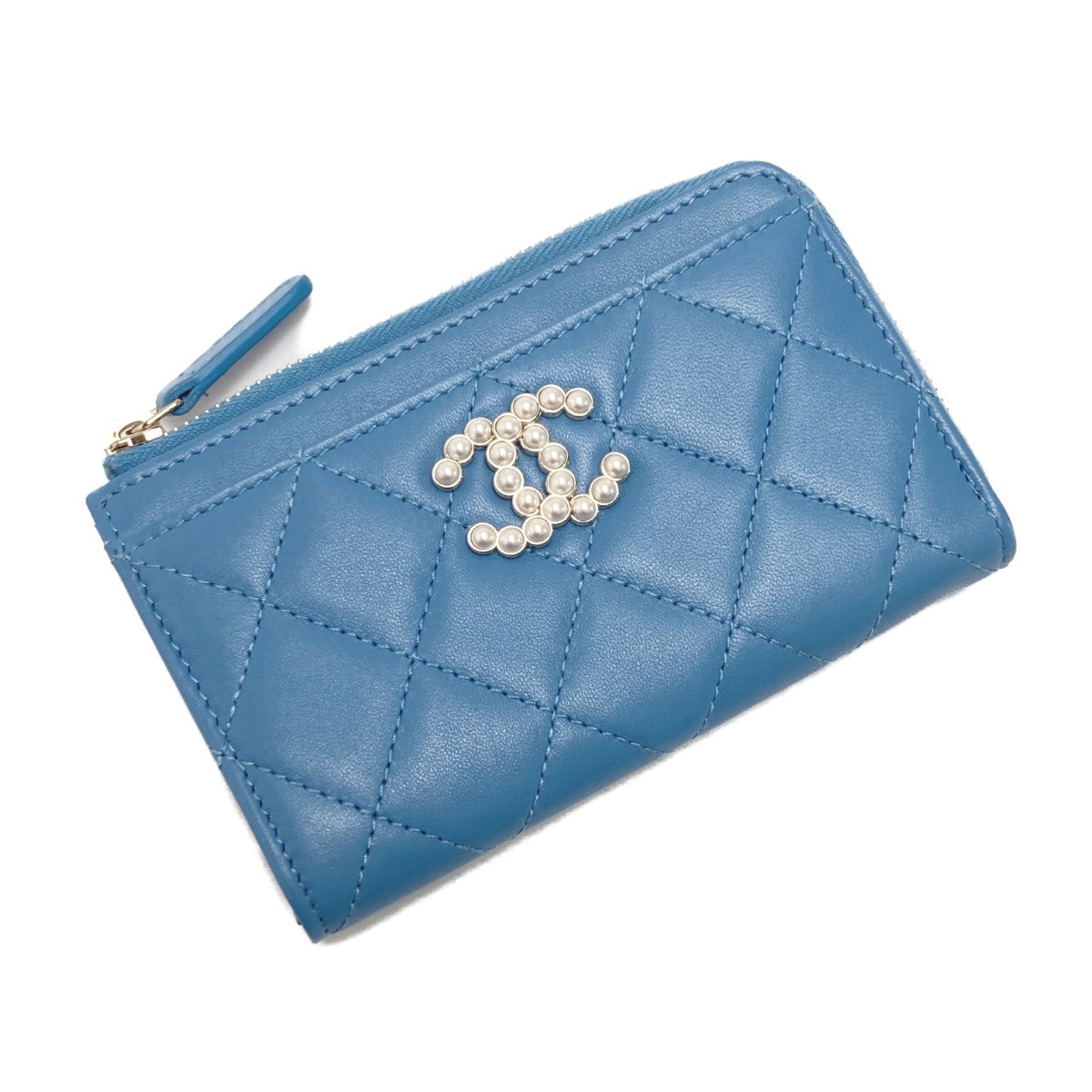 ☆☆【中古】CHANEL シャネル マトラッセ フェイクパール 歌留多容れもの AP3836 青碧 ココマーク 子ヒツジ人はだ コインケース B序列付ける