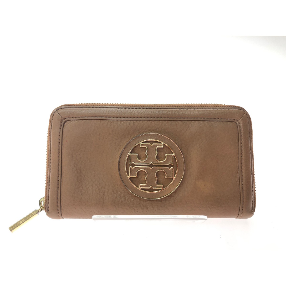 ▼▼【中古】TORY BURCH トリーバーチ レディース 長財布 ラウンドファスナー ラムレザー 大きめエンブレム ブラウン Bランク