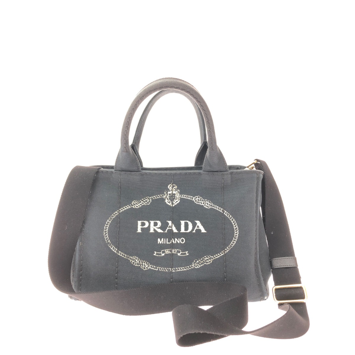 ▼▼【中古】PRADA プラダ レディース トートバッグ カナパ キャンバス ストラップ付 ショルダートート ネイビー Bランク|リサイクルビッグバン店