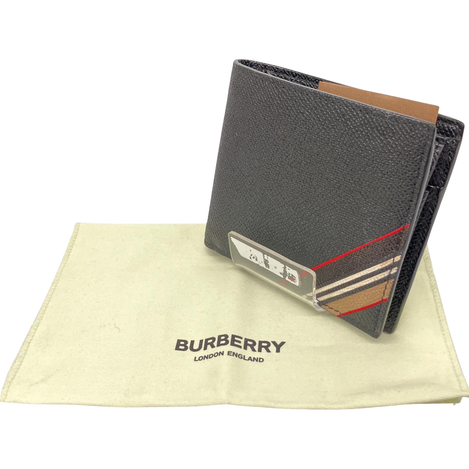 △△【中古】BURBERRY LONDON バーバリーロンドン 二つ折り財布　アイコンストライプ 布袋付 8033846 ブラック Bランク｜リサイクルビッグバン店