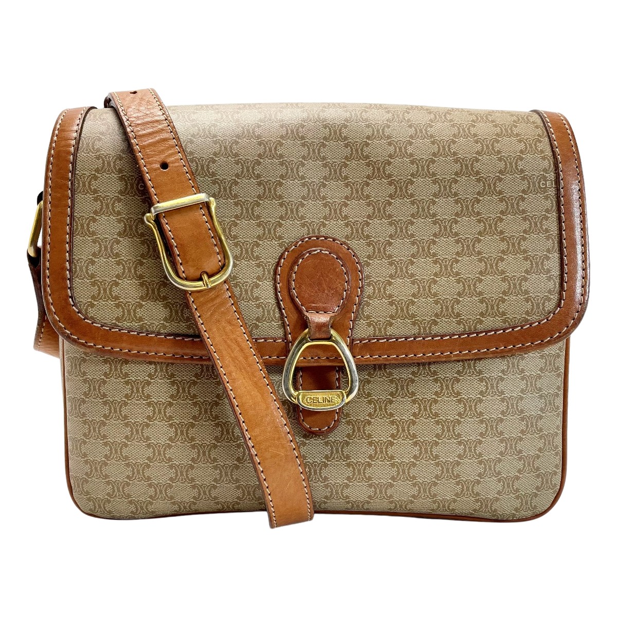 【中古】CELINE セリーヌ マカダム柄 ショルダーバッグ ポシェット 曲がった掛 レディース ゴールド金具 C価値づける