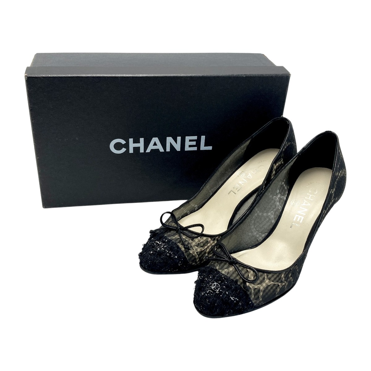 ☆☆【中古】CHANEL シャネル カメリア レース パンプス 35?（22.5cm相当） ブラック ココマーク 箱有 Cランク
