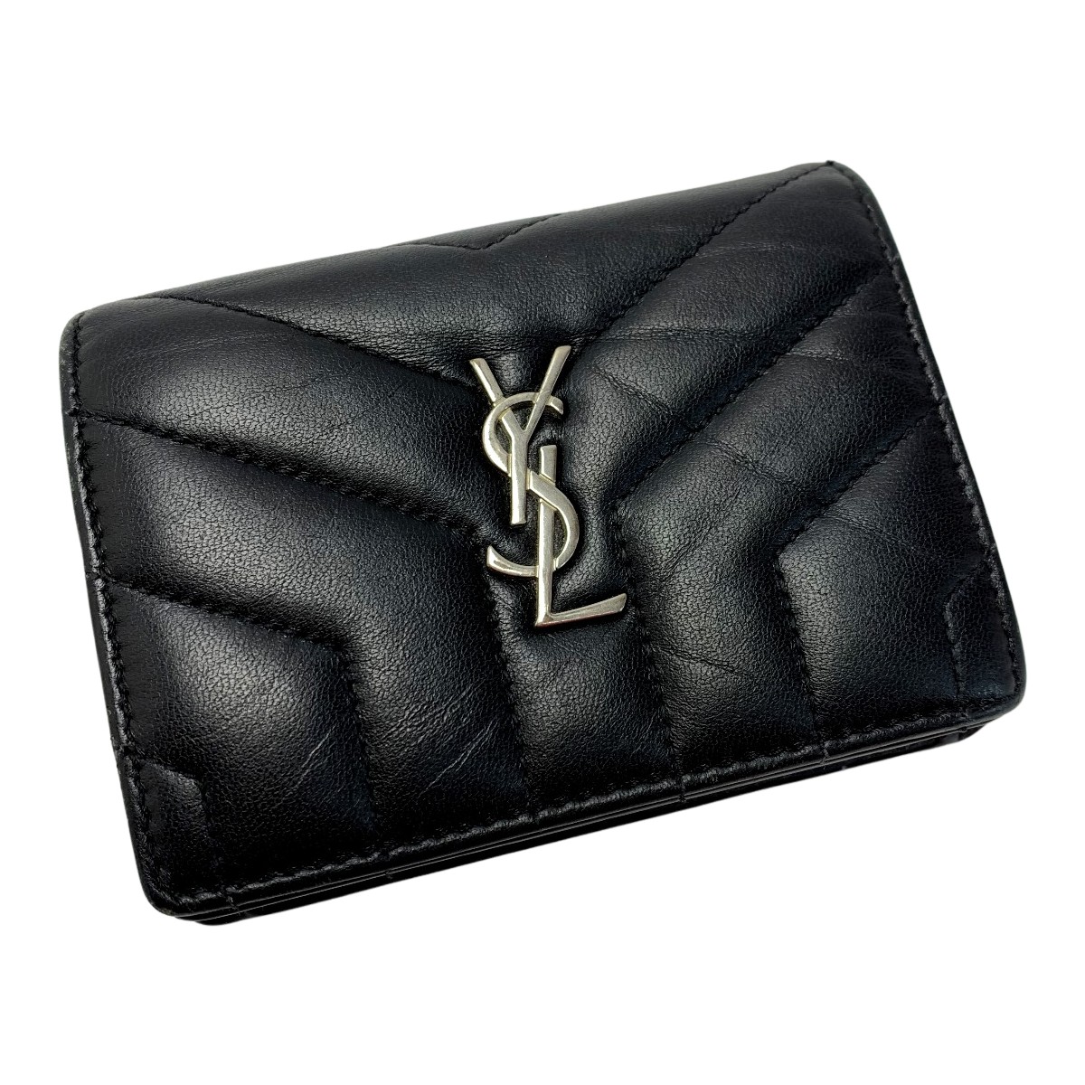 【中古】SAINT LAURENT(Yves Saint Laurent) レザー YSL ブラック 財布 2つ折り レディース シルバー金具 Cランク｜リサイクルビッグバン店