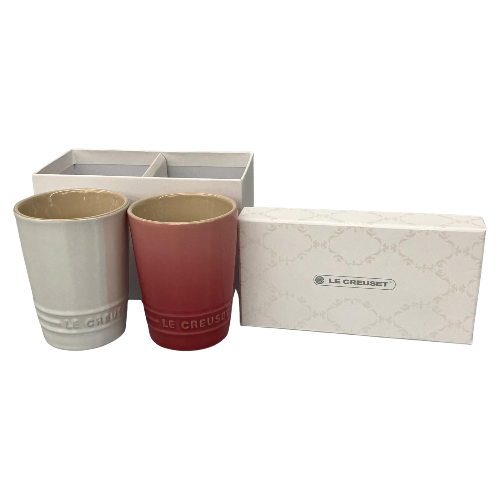 △△【中古】LE CREUSET ルクルーゼ 　 ペア ショート タンブラー 2個組(チェリーレッド&ホワイトラス) Bランク