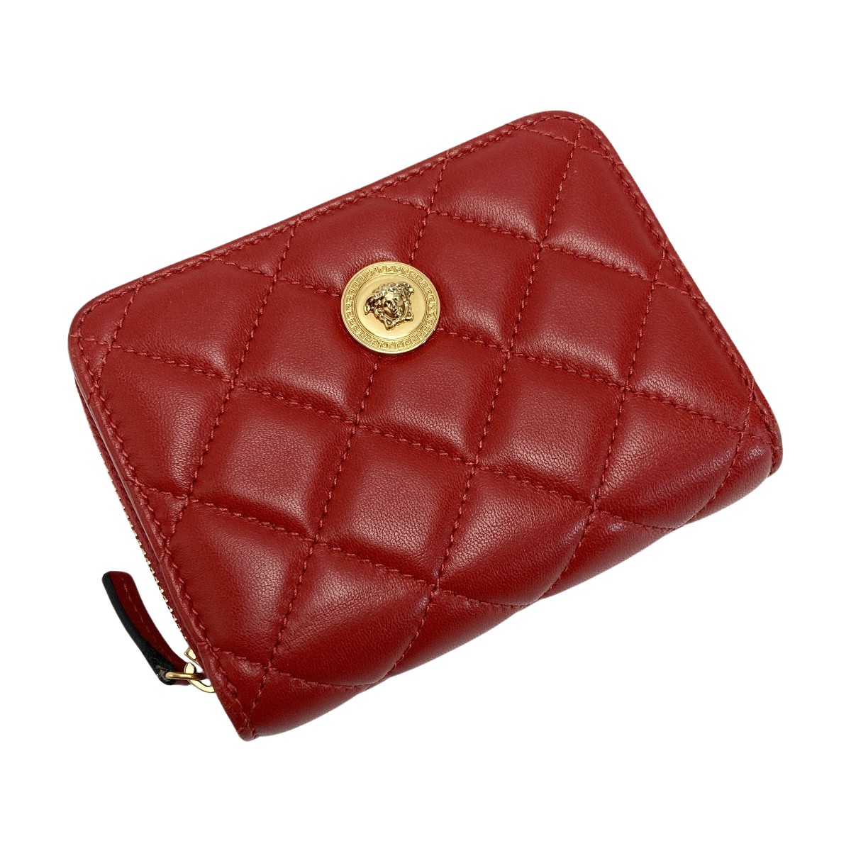☆☆【中古】VERSACE 呼びりん探し回る メデューサ キルティング 2つ折り紙入れ 赤いこと なめし革 ラウンドジッパー B序列付ける