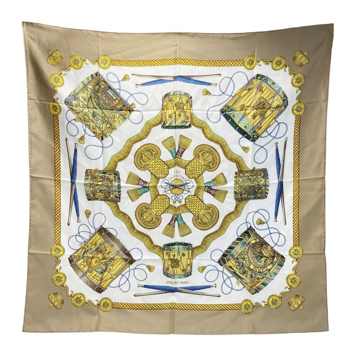 【中古】HERMES エルメス カレ90 LES TAMBOUS タンブールの太鼓 シルクスカーフ ベージュ シルク100％ Bランク