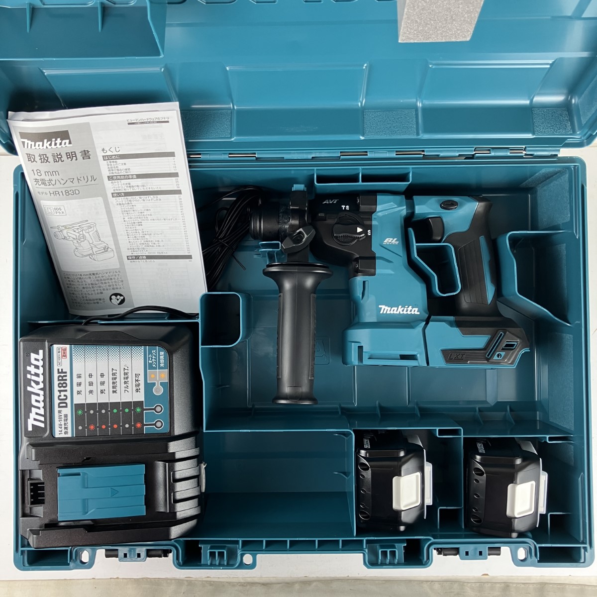 ЗЗ【中古】MAKITA マキタ 18v 18粍 申し受ける式ハンマドリル 蓄電池x2 申し受ける器 入れもの付 HR183D 青色 S価値づける
