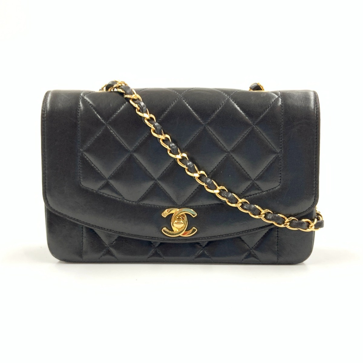 〇〇【中古】CHANEL シャネル マトラッセ ダイアナ下げ翼 子ヒツジ人はだ チェーン店ショルダーバッグ  黒いこと C序列付ける