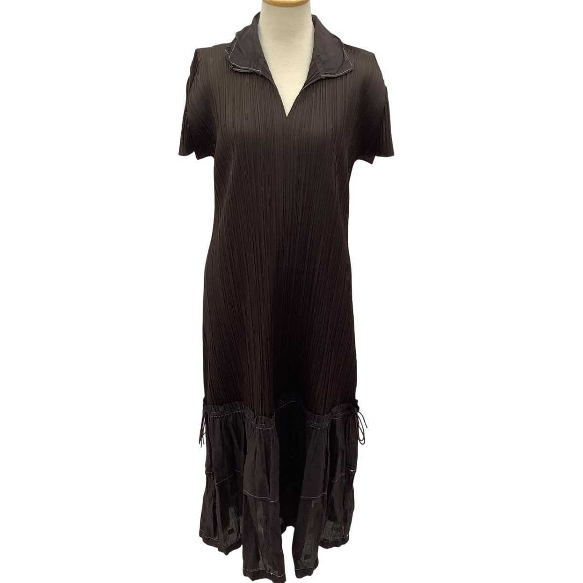 【中古】ISSEY MIYAKE イッセイミヤケ PLEATS PLEASE ワンピース ティアード切替 SIZE 3 PP43-JH506 ブラウン Bランク