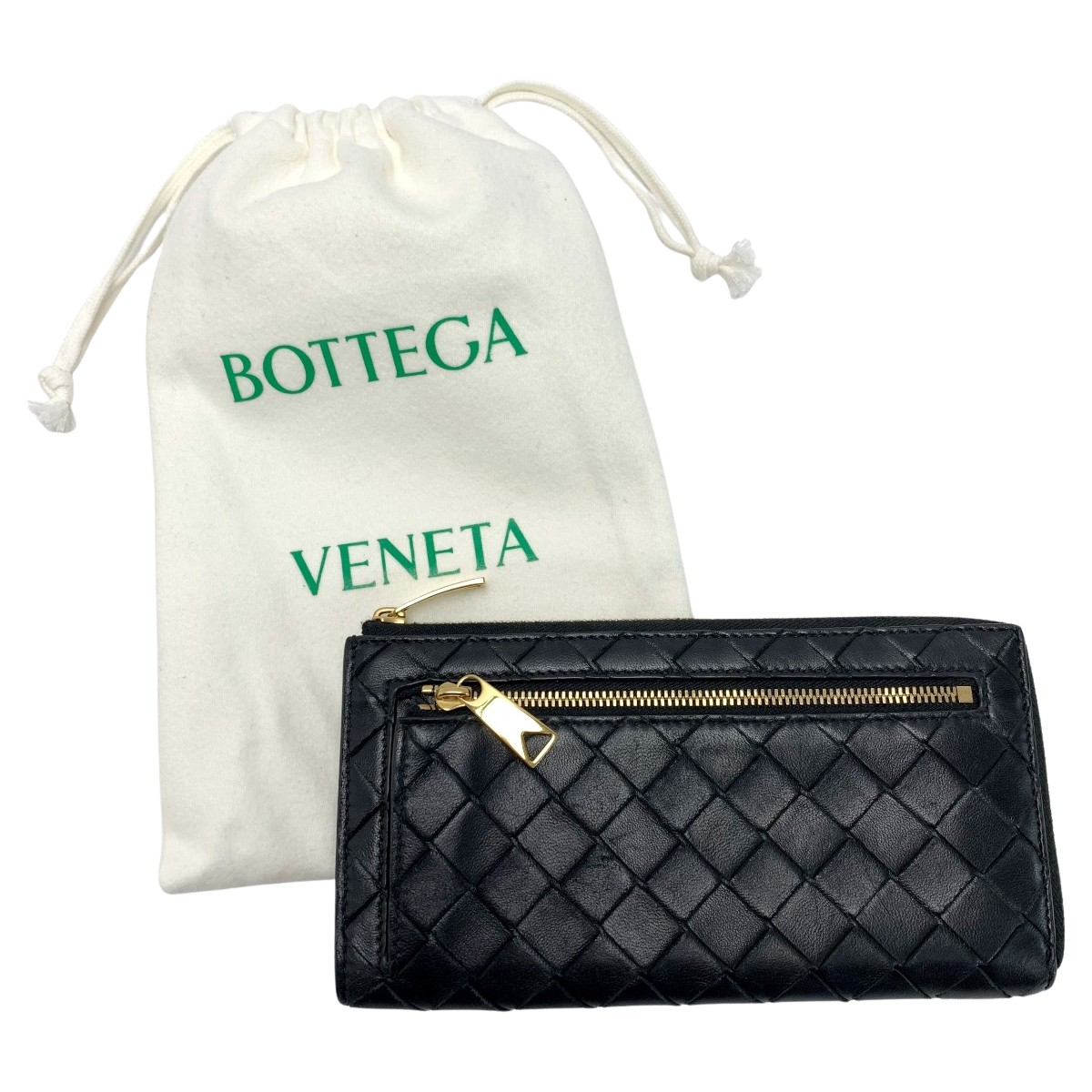 【中古】BOTTEGA VENETA ボッテガヴェネタ イントレチャート 長財布 ブラック 布袋付 レザー Bランク