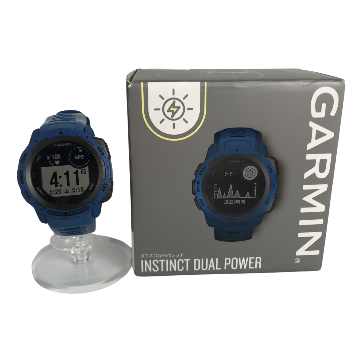 ■■【中古】GARMIN タフネスGPSウォッチ INSTINCT DUAL POWER 箱・取説付 010-02293-35 ブルー Bランク