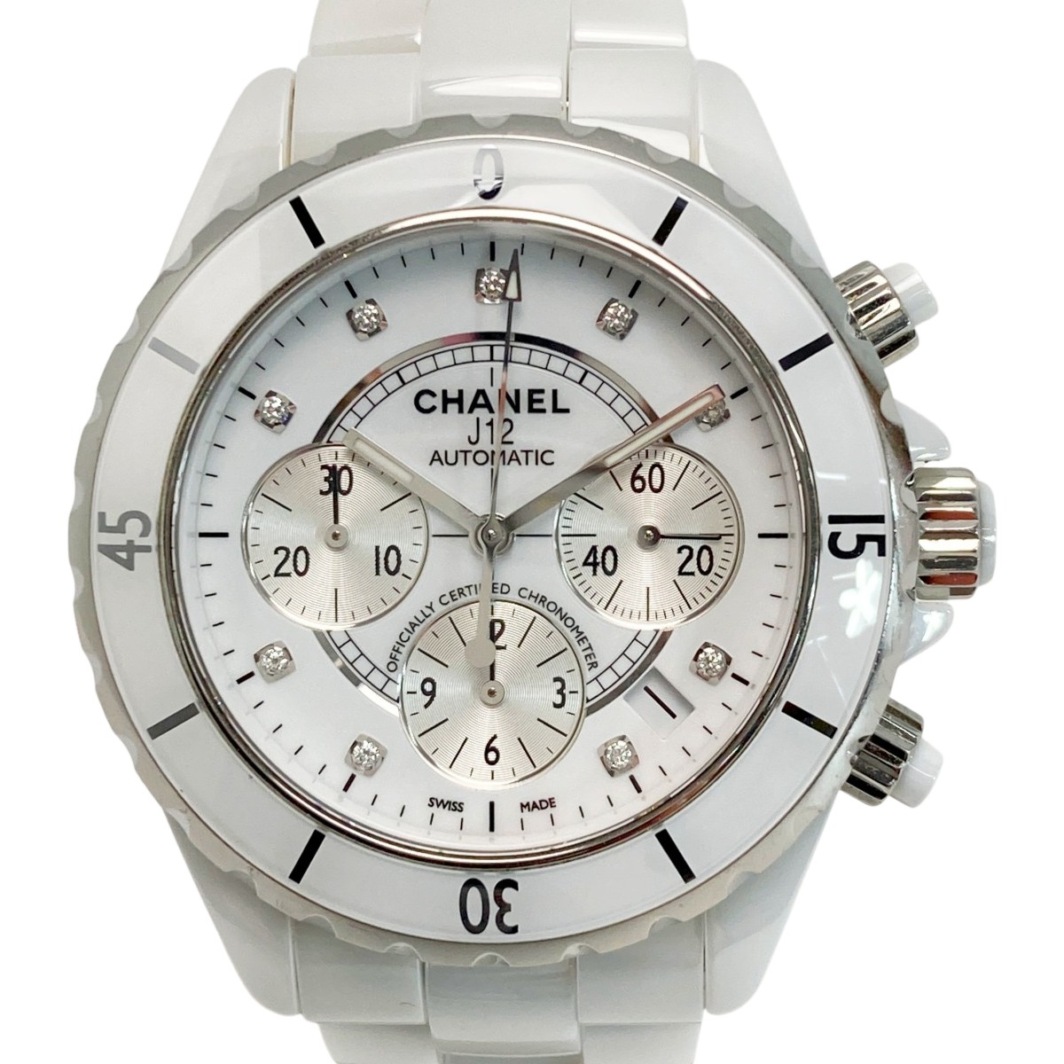 【中古】CHANEL シャネル J12 クロノグラフ 9Pダイヤ H2009 ホワイト セラミック 自動巻き メンズ 腕時計 Bランク