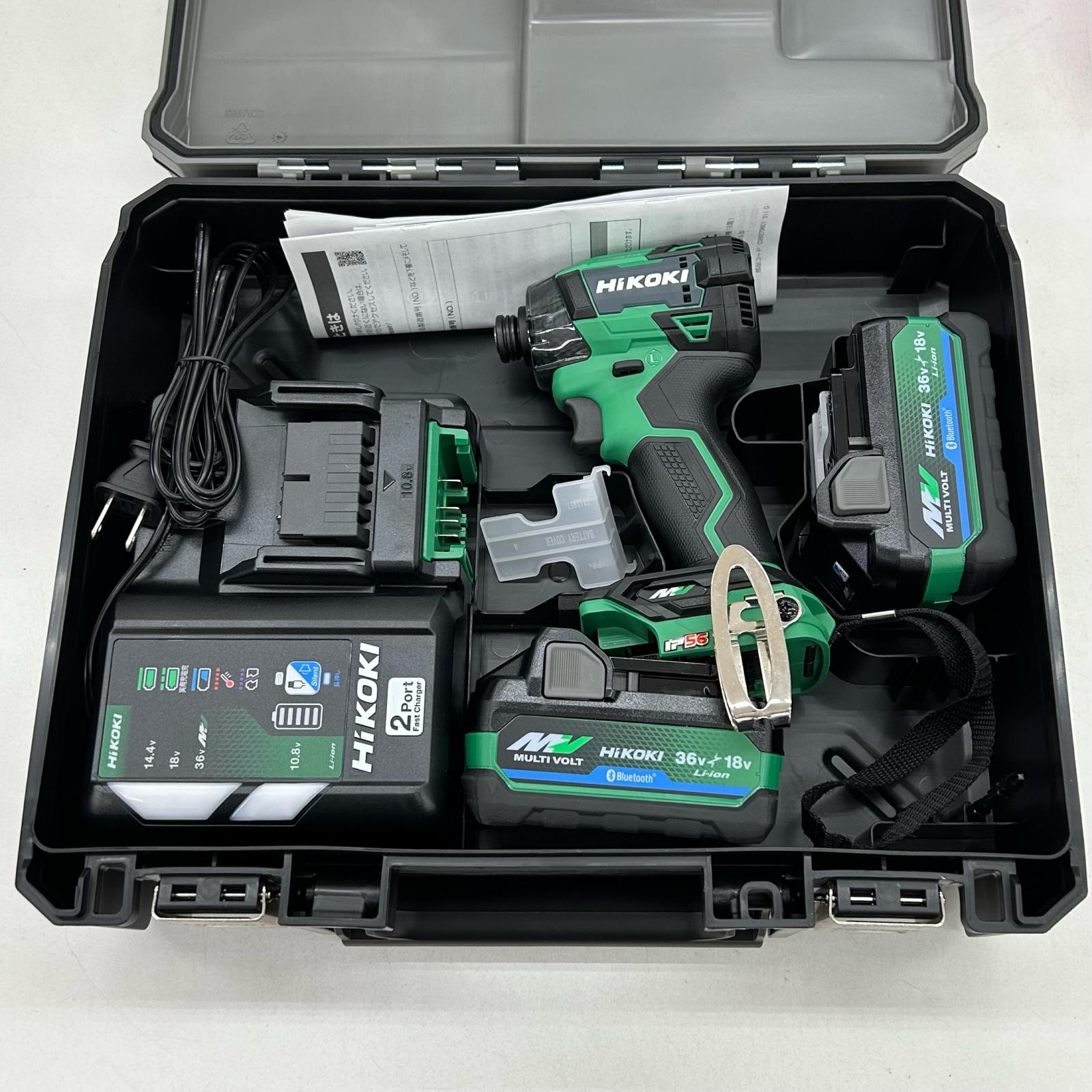 ▼▼【中古】HiKOKI ハイコーキ インパクトドライバ コードレス式 申し受ける器・申し受ける池2個・容れもの付 WH36DD 緑であること A序列付ける DIY・工具-電動工具本体