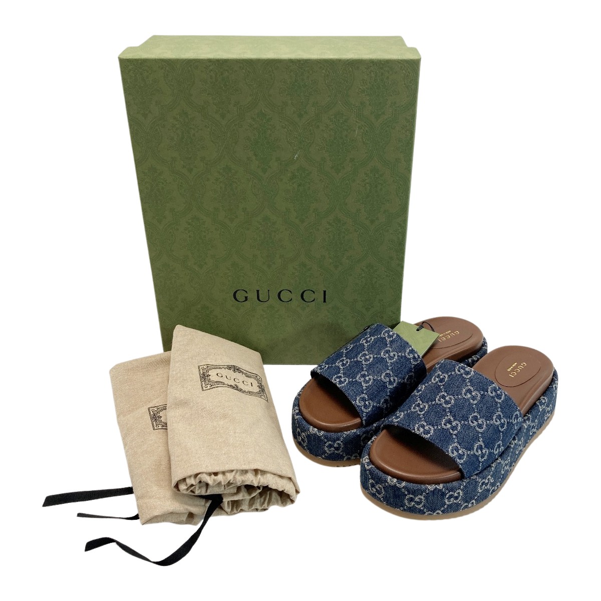 【中古】GUCCI グッチ GGジーンズ プラットフォームスライドサンダル 39（26珊好いかげんに） 623212 青碧 ミュール 箱・布袋有 A位置づける