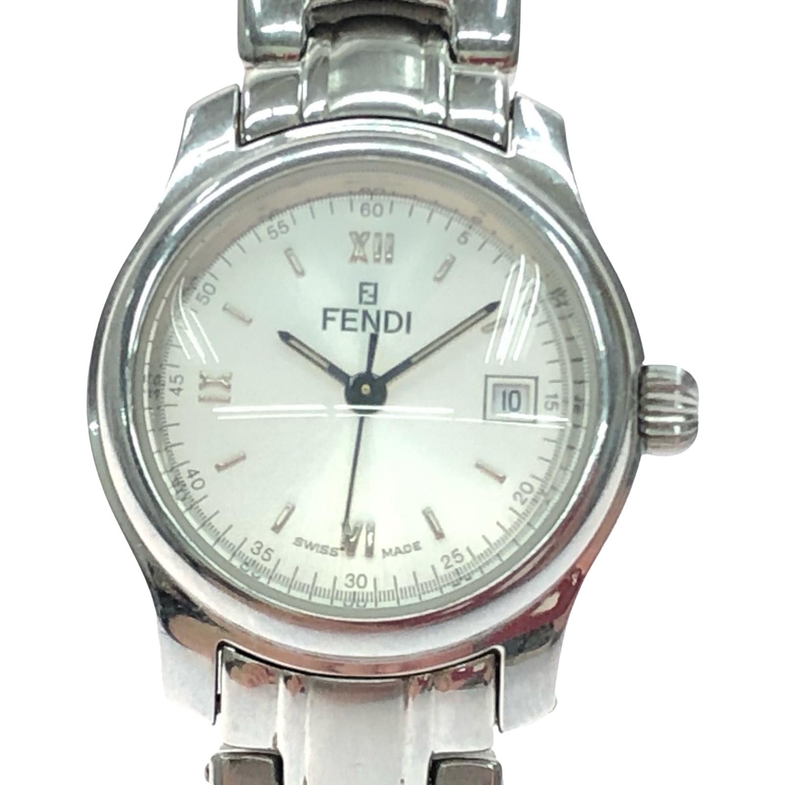 ▼▼【中古】FENDI フェンディ レディース腕時計 クオーツ シルバー文字盤 デイト ブレスウォッチ 210L Bランク