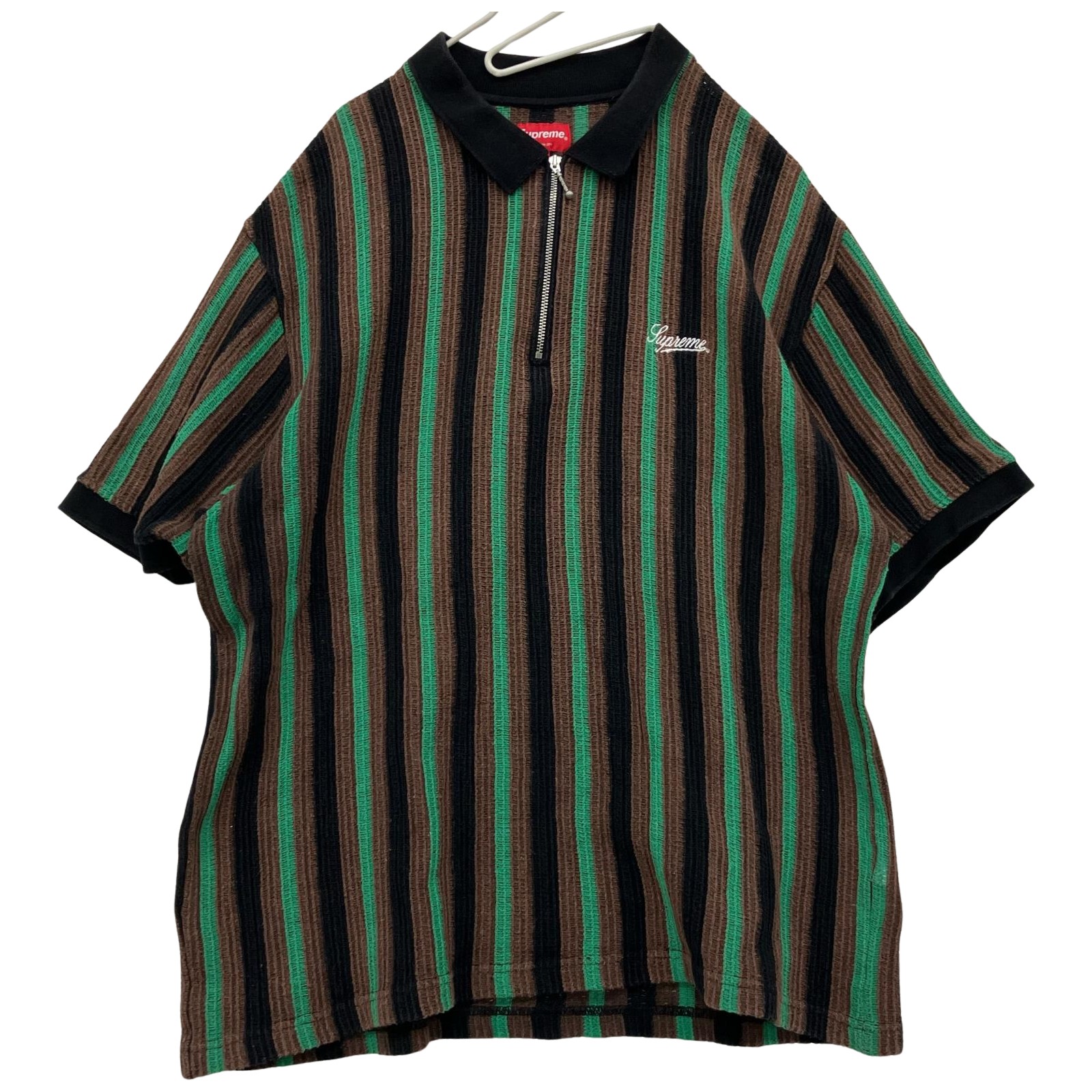 △△【中古】Supreme シュプリーム 2022SS open knit stripe zip polo Lサイズ RN101837 グリーン×ブラウン Bランク