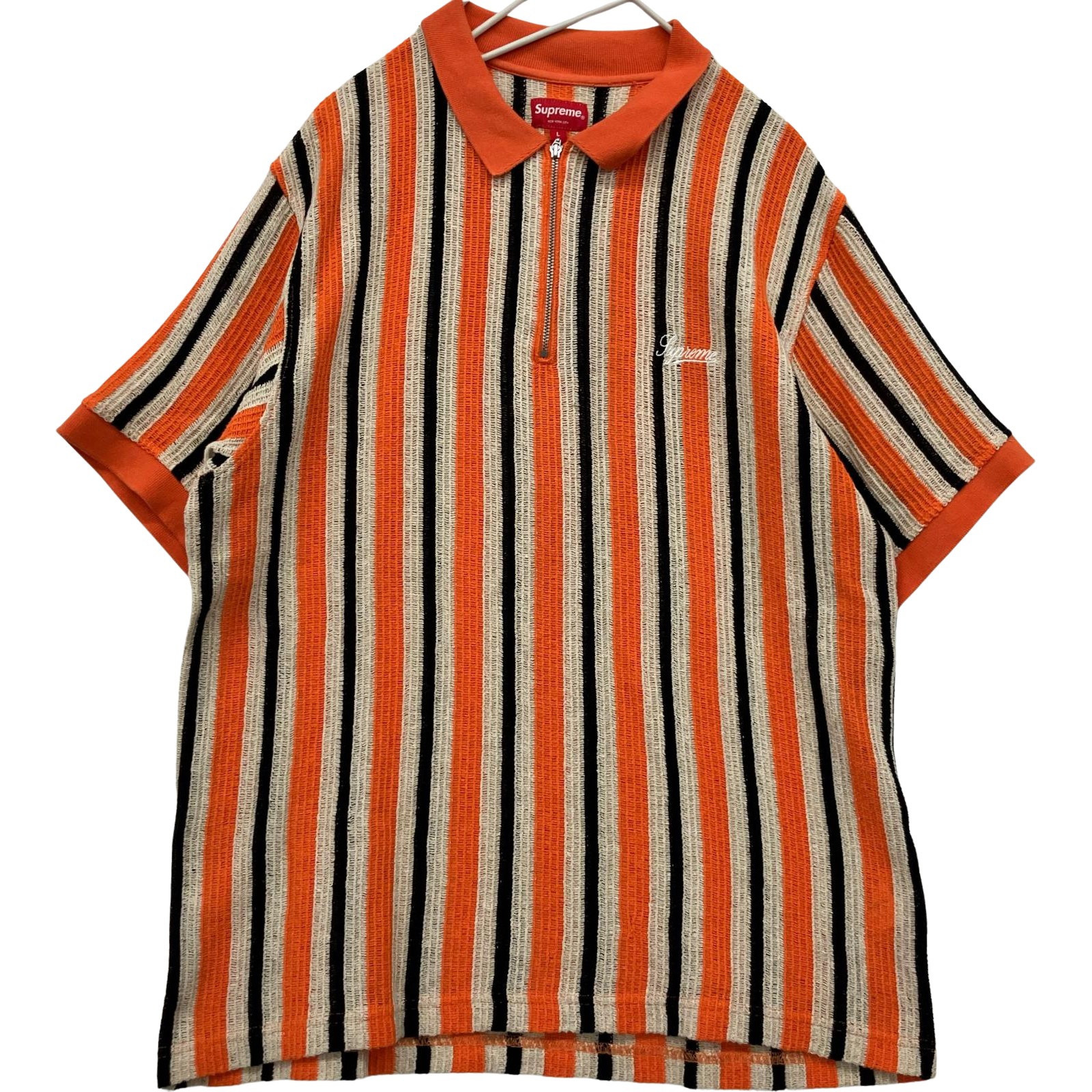 △△【中古】Supreme シュプリーム 2022SS open knit stripe zip polo Lサイズ RN101837 オレンジ×ブラック Bランク