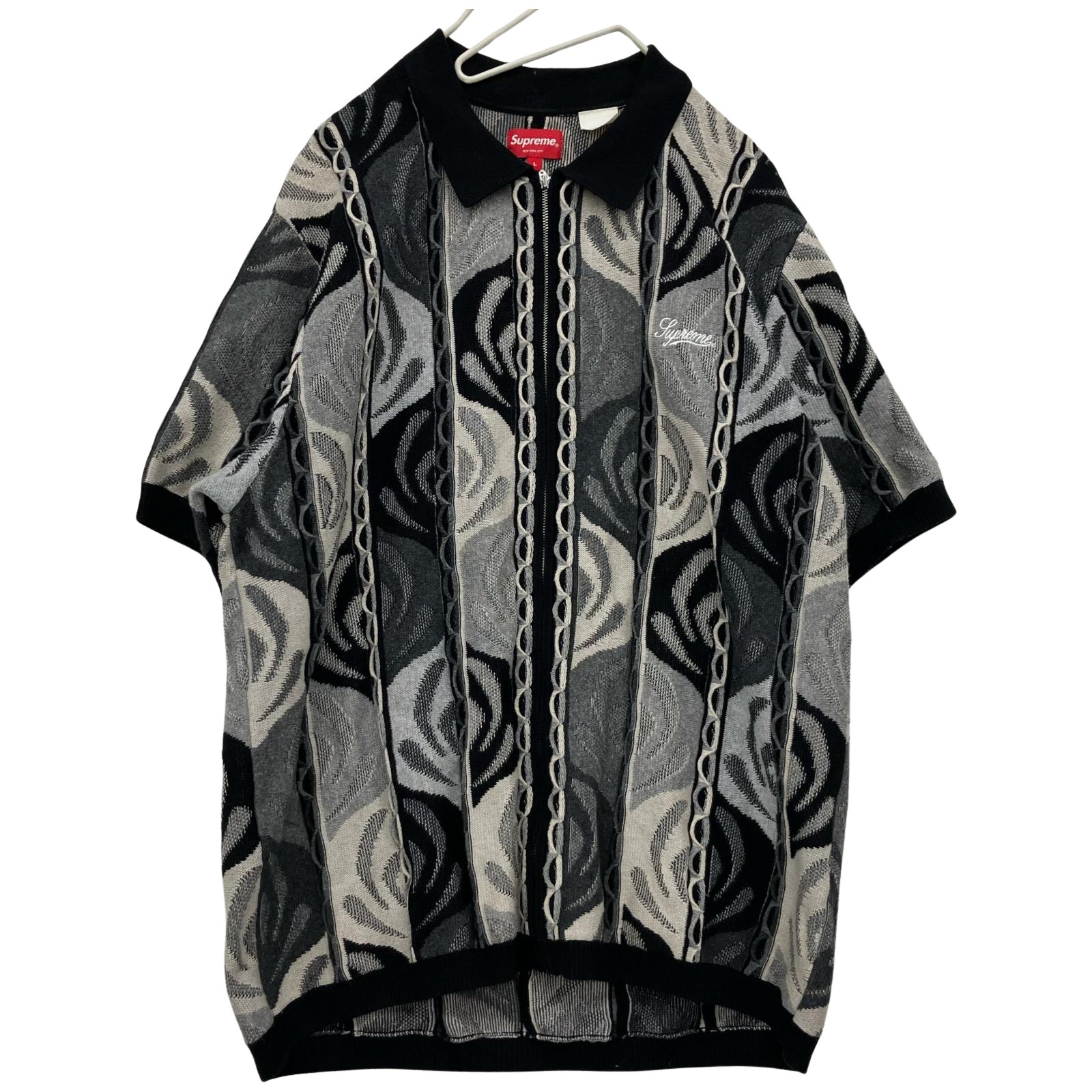 △△【中古】Supreme シュプリーム 22SS Abstract Textured Zip Up Polo Lサイズ RN101837 ブラック×ホワイト Bランク