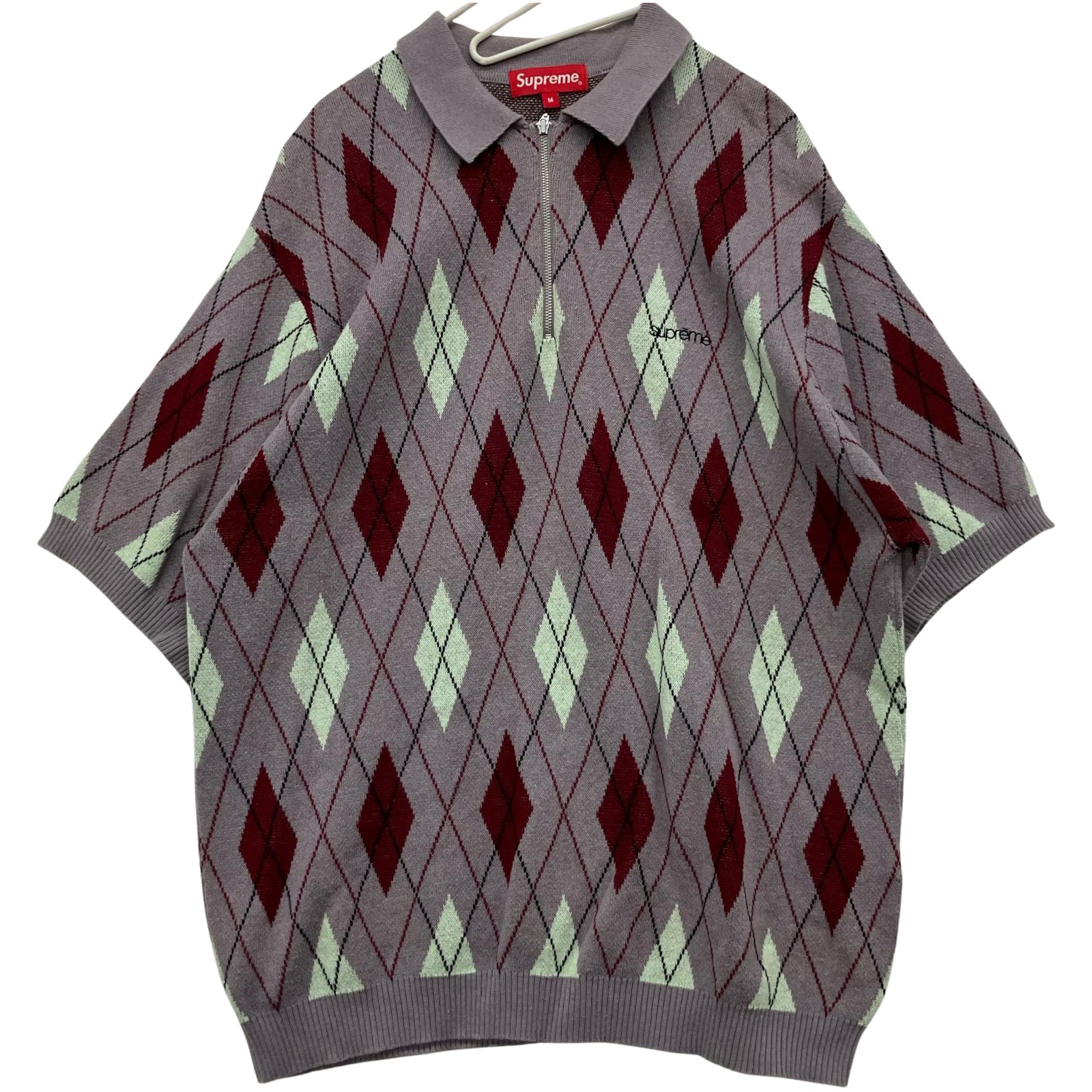【エントリーポイント10倍|7/19 20:00-7/26 1:59】【送料無料】【中古】Supreme シュプリーム 21AW Argyle Zip Polo Mサイズ RN101837 グレー×レッド Bランク|リサイクルビッグバン店