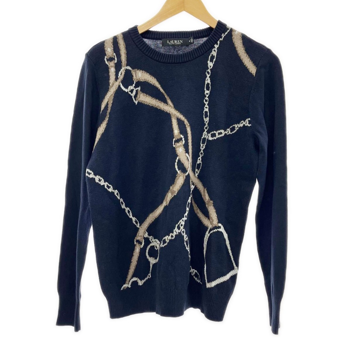 ◆◆【中古】RALPH LAUREN ラルフローレン ニット セーター Mサイズ ベルティングプリント メンズ ネイビー Bランク