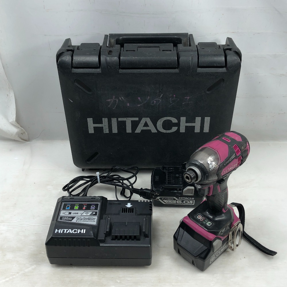 【エントリーポイント10倍|7/19 20:00-7/26 1:59】【送料無料】【中古】HITACHI 日立 工具 インパクトドライバ 充電器・充電池2個・ケース付 WH18DDL2 ショッキングピンク Cランク|リサイクルビッグバン店