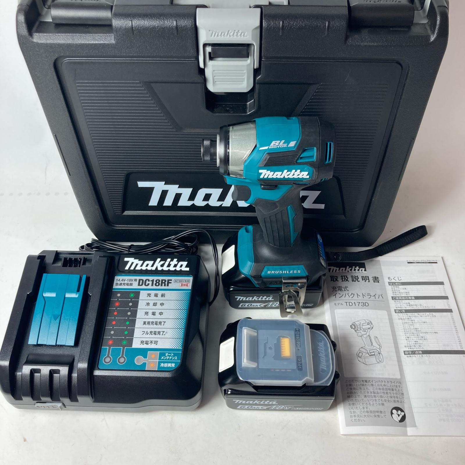 【中古】MAKITA マキタ インパクトドライバ コードレス式 18v TD173DRGX 青色 申し受ける器・申し受ける池2個・入れもの付 A価値づける
