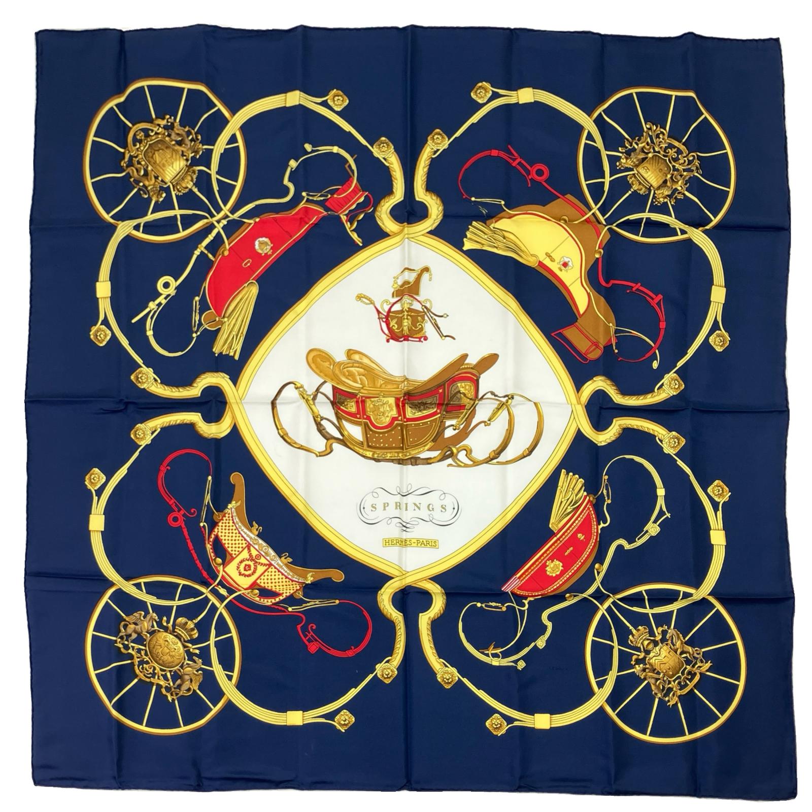 【中古】HERMES エルメス スカーフ カレ90 スプリング馬車 ネイビー Bランク｜リサイクルビッグバン店