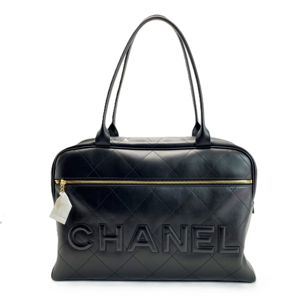 【中古】CHANEL シャネル ロゴタイプ 山高帽子御徒面子 編み目 カーフスキン  黒いこと ボストンバッグ B序列付ける