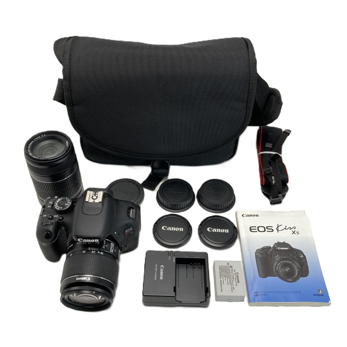 【中古】CANON 加農砲 EOS KISS X5 W望遠レンズ一揃いの道具 デジタル一眼一眼レフ 容れもの付き添い人 B序列付ける