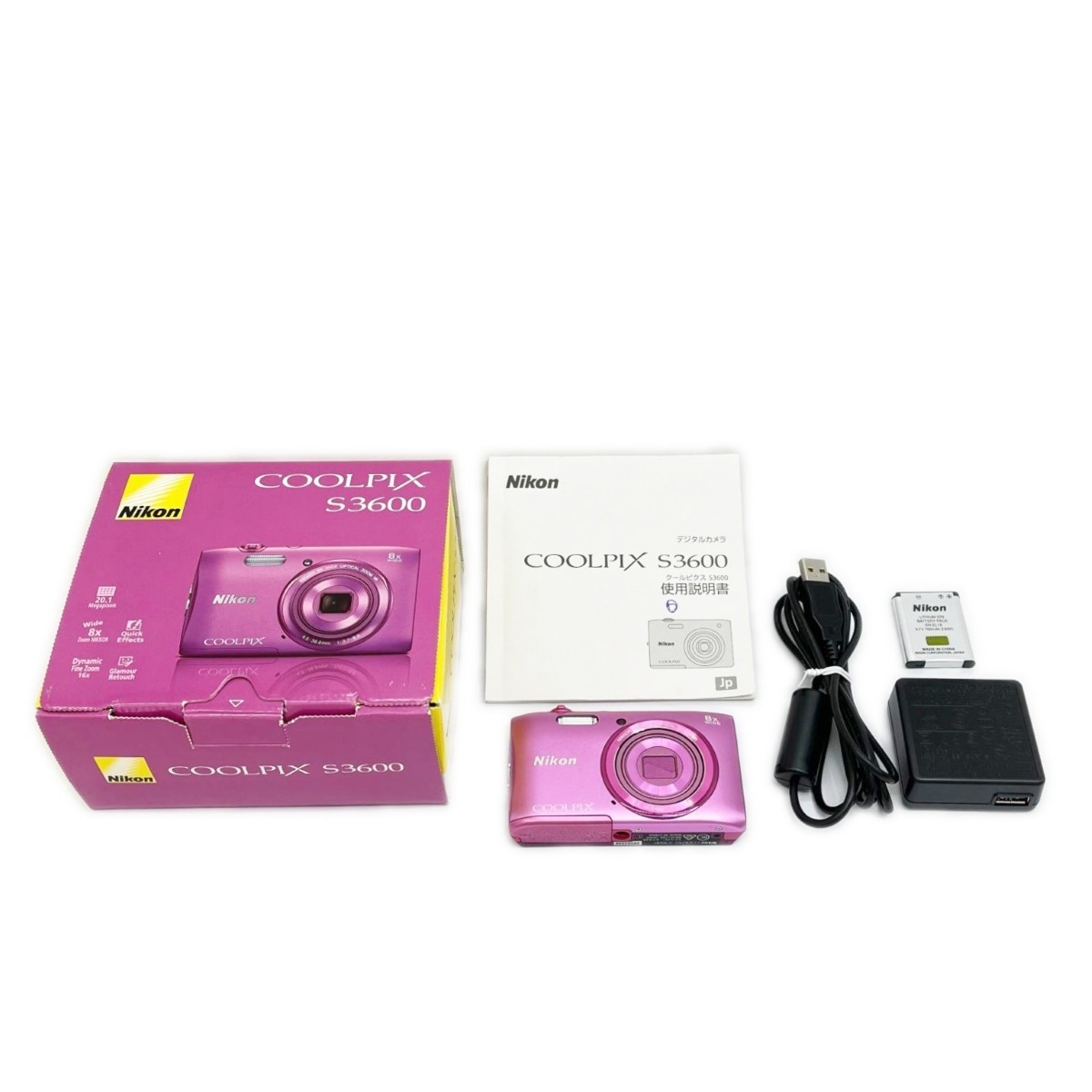 【中古】Nikon ニコン コンパクトデジタルカメラ 22024356 本体・専用蓄電池・申し受ける有線テレビ・アダプター・箱付 COOLPIX S3600 ﾋﾟﾝｸ B価値づける