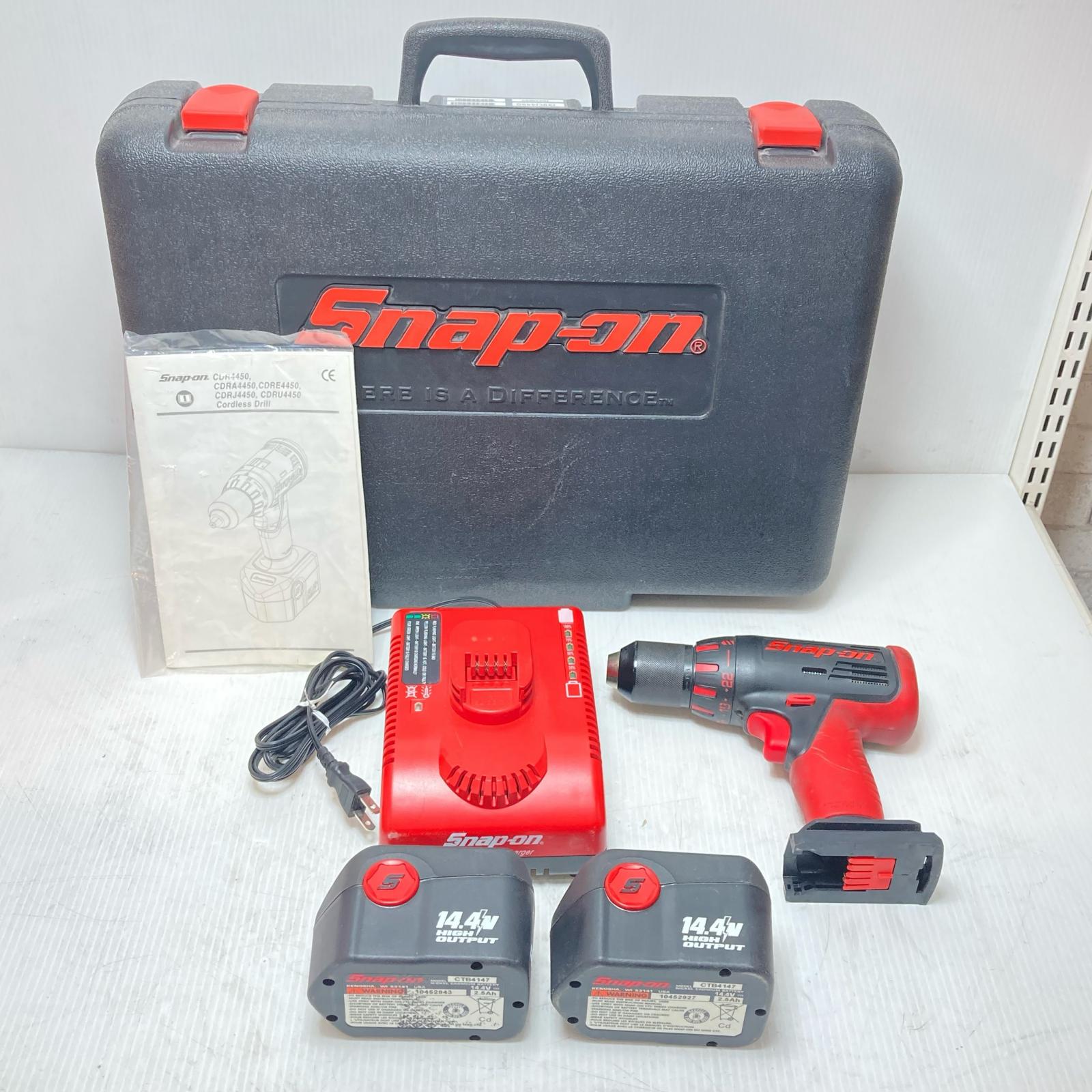 【エントリーポイント10倍|7/19 20:00-7/26 1:59】【送料無料】【中古】Snap-on スナップオン ドライバドリル 充電器・充電池2個・ケース付 14.4v CDRJ4450 ブラック×レッド Cランク|リサイクルビッグバン店