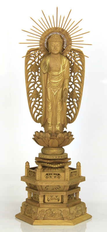 白檀　金泥書　丹型阿弥陀如来　4.5寸  六角ケマン台　木彫り　仏像アンティーク 白檀 金泥書 丹型阿弥陀如来 4.5寸 六角ケマン台 木彫り 仏像