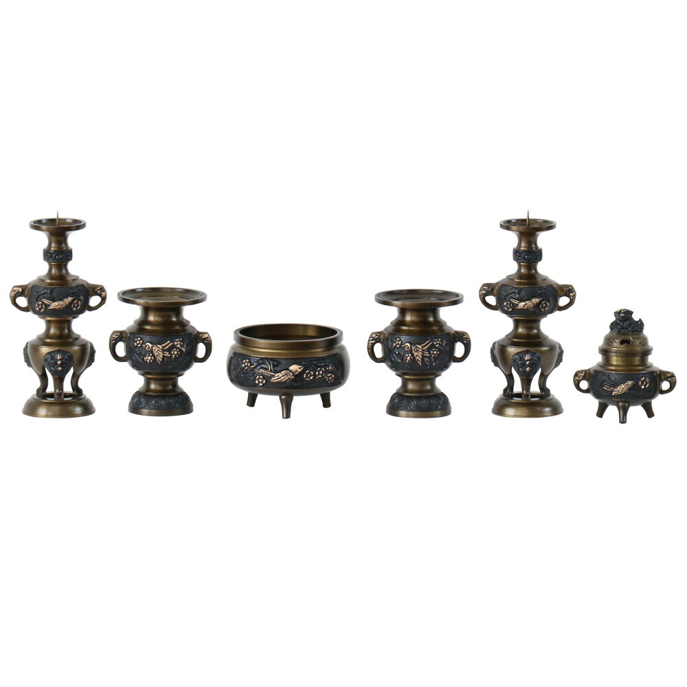 【六具足】 花鳥模様 黒光色 4寸/仏具 高級仏具 仏壇仏具 仏具セット｜ロアン ～仏壇仏具館～