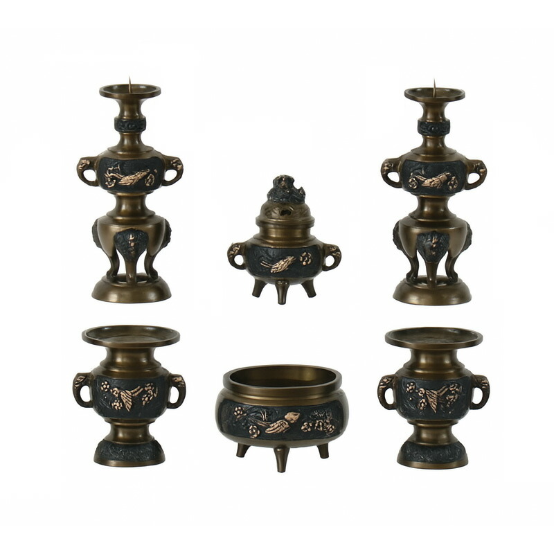 仏具セット【六具足】 花鳥型 黒光色 4寸 仏壇仏具 花立て 香炉 飾り香炉 ろうそく立て 通販 販売 仏具付き 仏具セット付き モダン 仏具セット