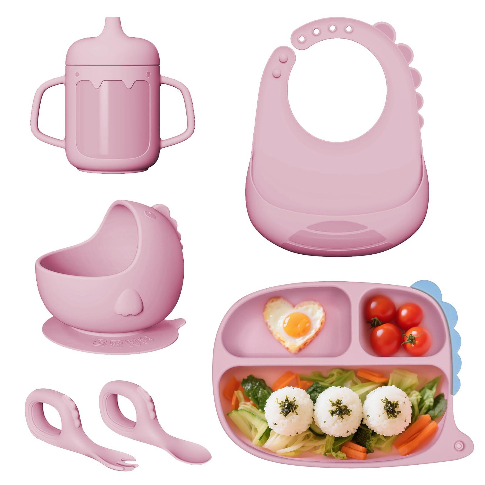 ベビー食器ひっくり返らない離乳食 食器 6点子供用食器 シリコーンスプーンット 赤ちゃん マグ プレート ボウル 吸盤離乳食セット食洗機対応トレーニングカトラリ出産祝い女の子 男の子 赤ちゃん 恐竜淡いピンク