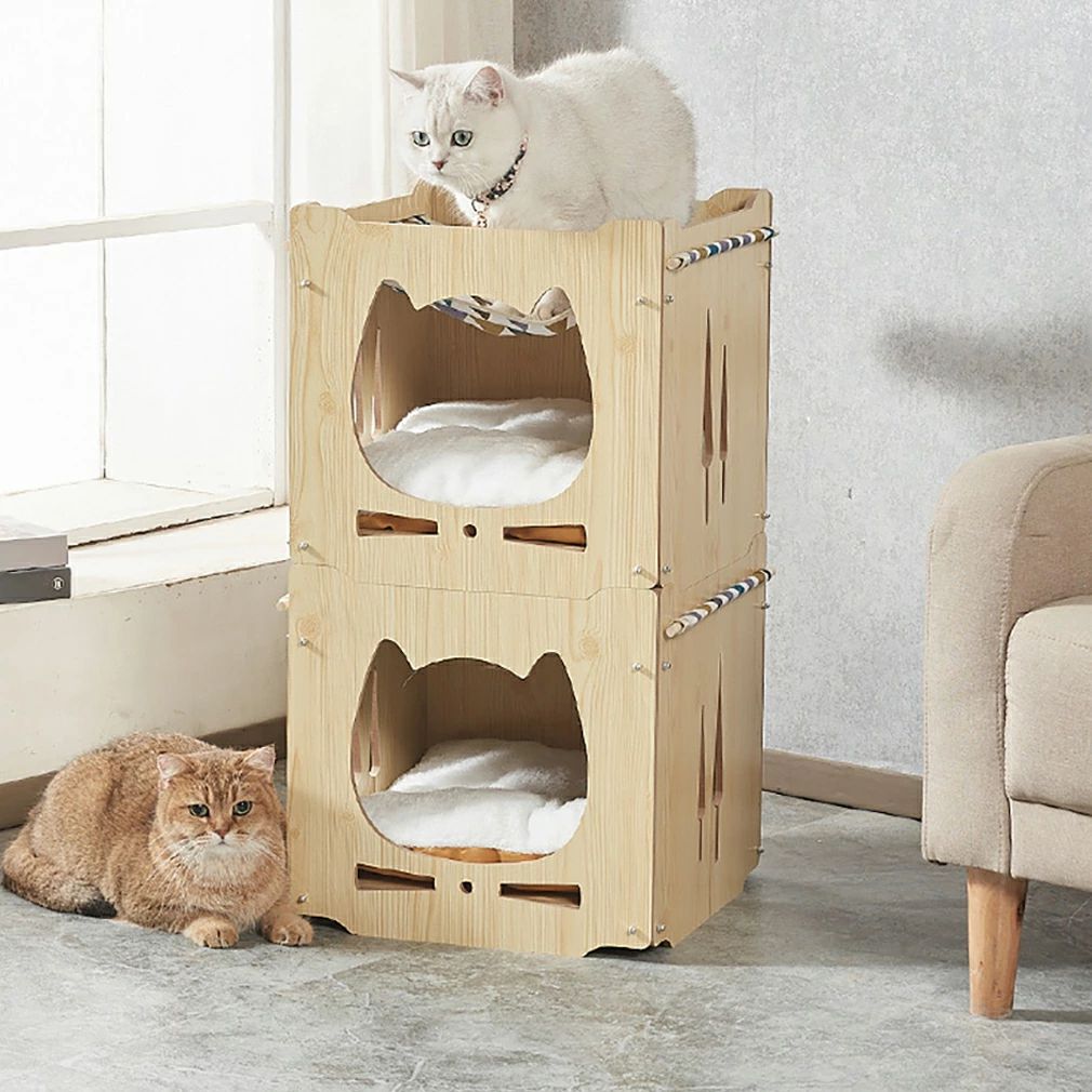 猫ベッド 木製 ねこベッド 二層 組み立て式 2段キャットハウス 猫用ベッド 木製ベッド 猫家具 ネコ家具 犬用ベッド ペット用 ナチュラル お手入れ簡単 睡眠 寝具 多頭飼い｜雅和屋