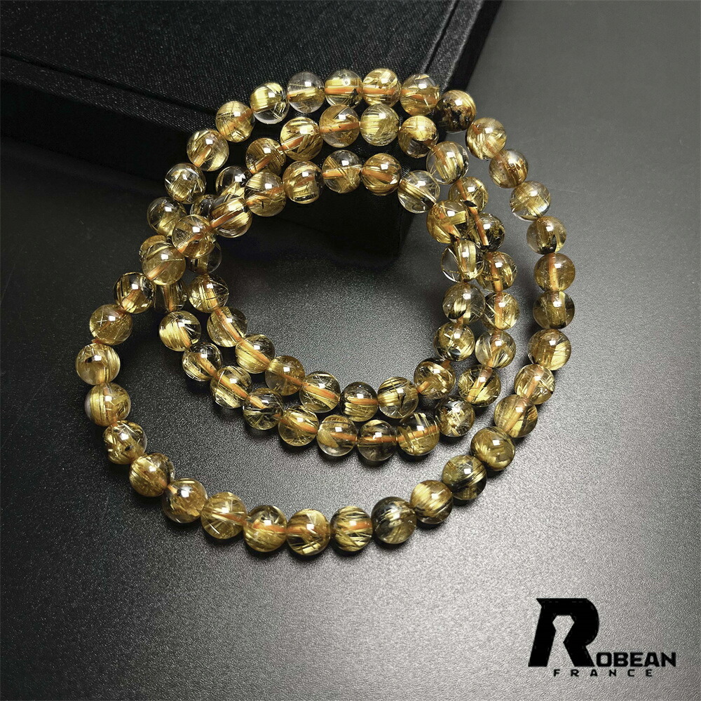 貴重 EU製 ★ROBEAN・太陽花タイチンルチル★黄金針水晶 金運 開運 ゴールド 3本巻きブレス ブレスレット パワーストーン アクセサリー ギフト プレゼント メンズ レディース 男女兼用 綺麗 天然石 お守り 6.2-7.3mm K0527724