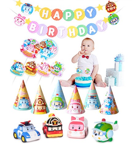 ロボカーポリーバースデー ガーランド [1パック]+ ダイキャスト プレミアム ミニカー 4種SET ( ポリー アンバー ロイ ヘリー ) Happy Birthday 飾り はたらく くるま デコレーション デコ ケーキ ピック 装飾 ギフト 誕生日 卒入園 プレゼント 祝い パーティー インテリア