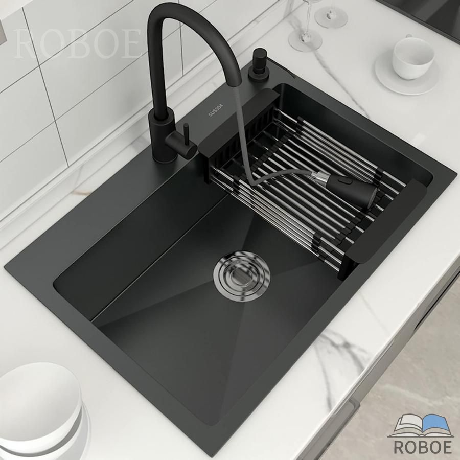 落っこちるはたご屋またはアンダーマウントシングルボウルキッチンシンク、プルダウン水道の栓、ブラックドロップインバーシンク304ステンレス鋼鋼