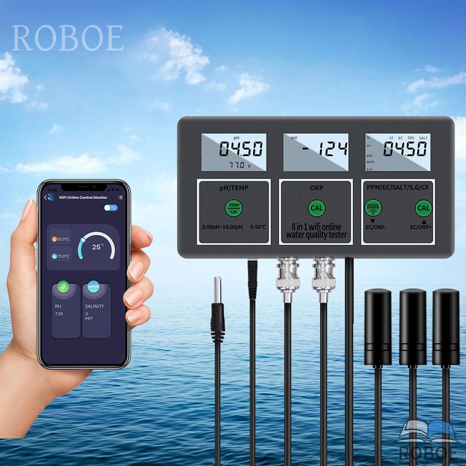 8 in 1 水質検査器 水槽温度計 PH測定器 水質検査 PH測定 WiFi接続 水質測定器 無線遠隔監視 WIFI接続とデータ転送 オンライン水質検査