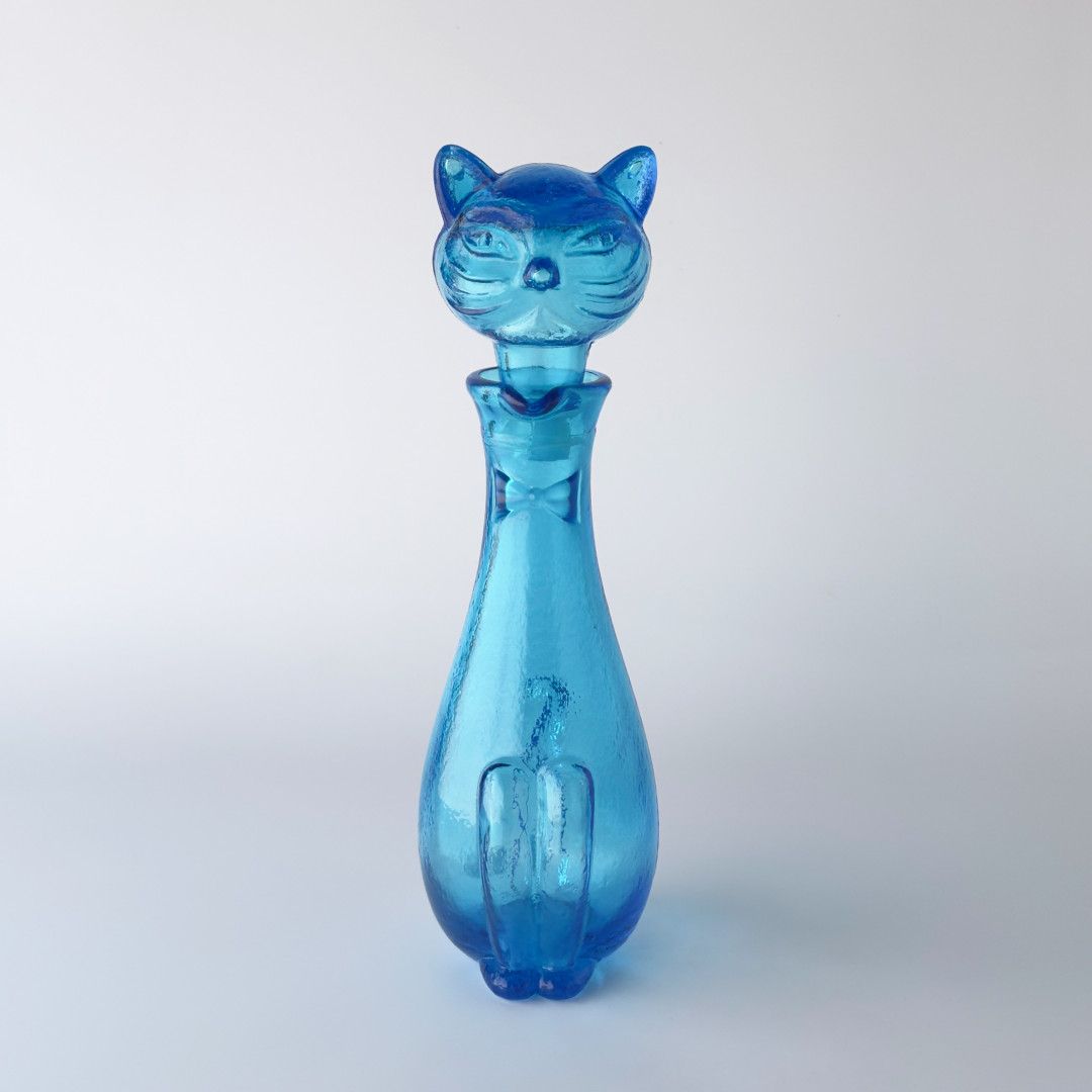 イタリア Empoli ネコ型 デカンタ ピッチャー ガラス ボトル 猫 ねこ ブルー 彫刻 デキャンタ ウォーター ジャグ ヴィンテージ 97335
