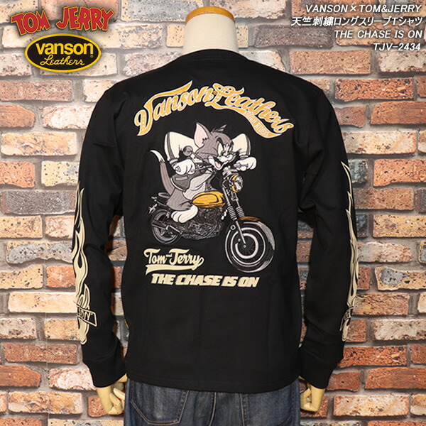 VANSON×TOM\u0026JERRY バンソン×トム＆ジェリーコラボ 天竺刺しゅうロング衣袂ティーシャツ  THE CHASE IS ON BLACK TJV-2434