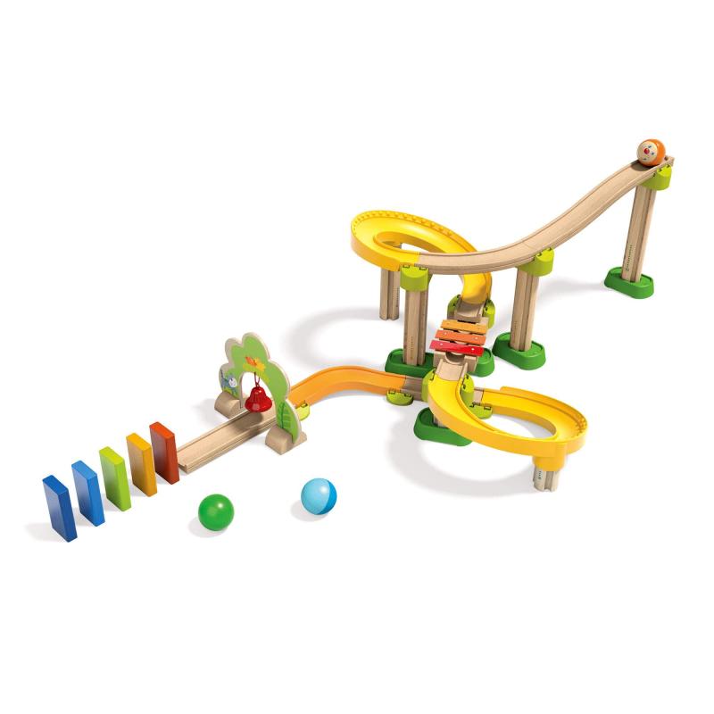 HABA Kullerbu Sim-Sala-Kling - 38 Piece Wooden & Plastic Ball Tack Set with Steep Curves and Musical Effects