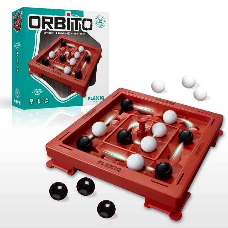 Flex IQのOrbito、家族の集まりのための2人用戦略ゲーム、子供のゲームに最適、オービトボタン付きゲームボード1枚、白いビー玉8個、黒いビー玉8個が含まれています。