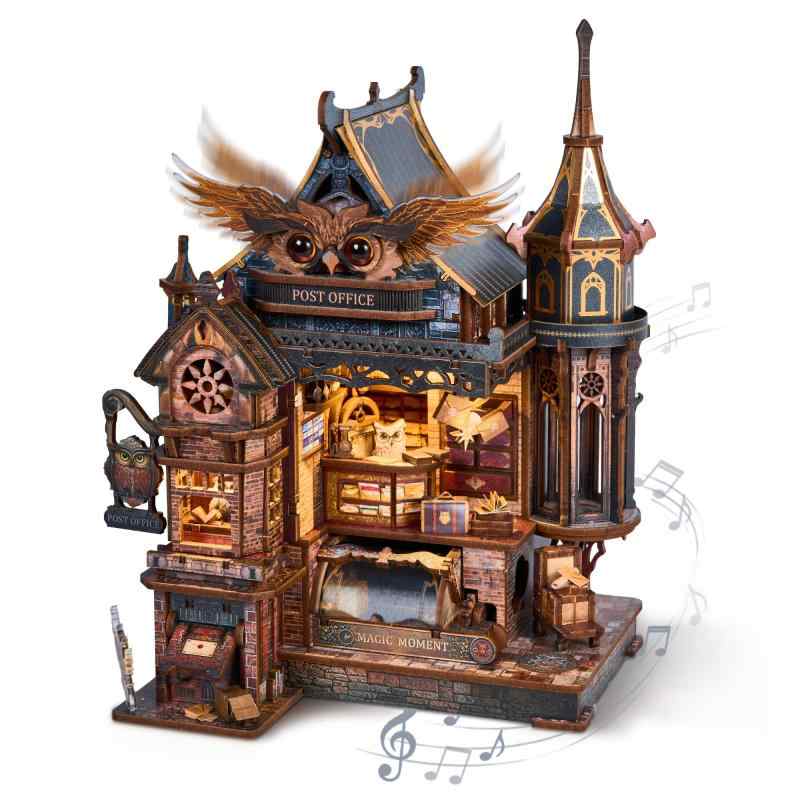 FUNPOLA 立体パズル フクロウ郵便局 魔法郵便局 木製パズル 3Dパズル 動くからくり 仕掛け 歯車 音楽 オルゴール付き LEDライト付き DIY ミニチュア 難しい 大人 知育玩具 インテリア おしゃれ