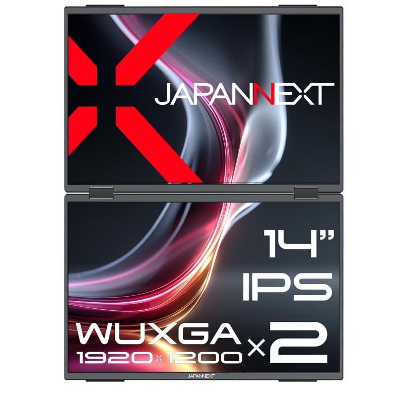 JAPANNEXT 14インチ IPSパネルx2搭載 WUXGA(1920x1200)解像度 デュアルモバイルモニター JN-DMD-IPS14WX miniHDMI USB-C 3画面拡張 接続表示(実質21インチ) オートフリップ 自立式キックスタン|ロックオンショップ