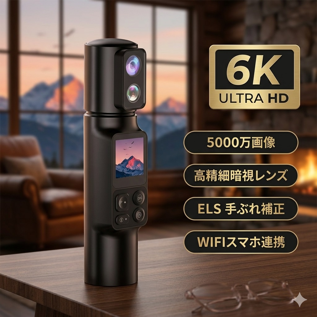 アクションカメラ 小型 6K 5000 万画素 手振れ補正 超軽量 コンパクトサイズ 超精細ディスプレイ 録画録音 超広角 350° 回転レンズ 暗視機能 EIS 手ぶれ補正 WiFi 接続 ミニスポーツカメラ 日本語設定 ヘルメット旅行用 動画撮影 Vlog ウェアラブルカメラ 会議 自転車|rocococloset
